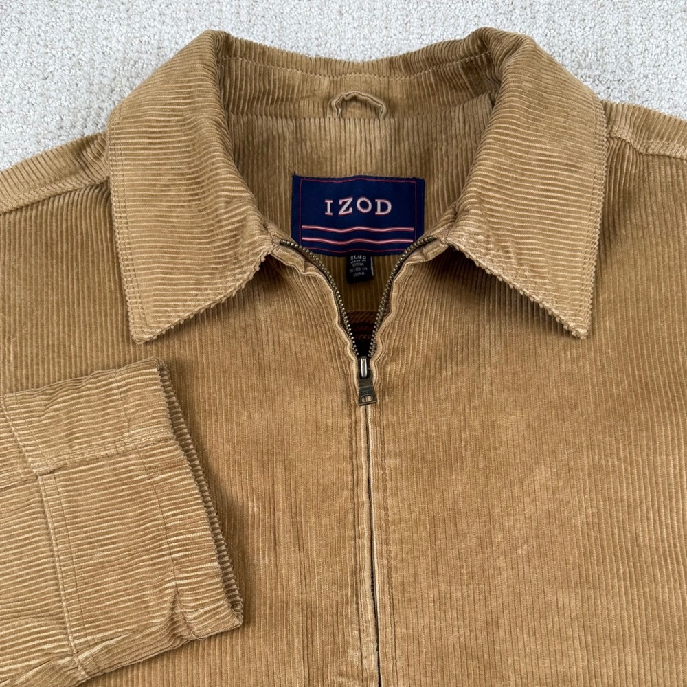 IZOD Mens XL Brown Corduroy Flannel Lined Full Zip Harrington Jacket